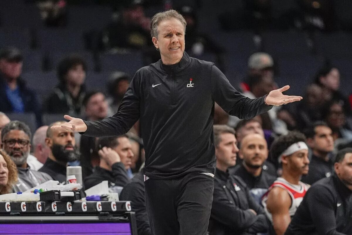 Feb 3, 2025; Charlotte, North Carolina, USA;Washington Wizards head coach Brian Keefe reacts to a call during the second half against the Charlotte Hornets at Spectrum Center. Mandatory Credit: Jim Dedmon-Imagn Images Corey Kispert Injury