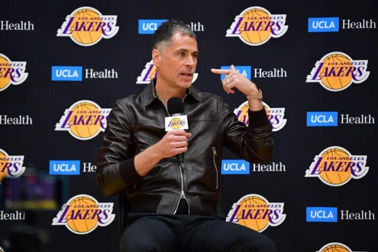 Feb 4, 2025; El Segundo, CA, USA; Los Angeles Lakers vice president of basketball operations and general manager Rob Pelinka introduced guard Luka Doncic at UCLA Health Training Center. Mandatory Credit: Gary A. Vasquez-Imagn Images