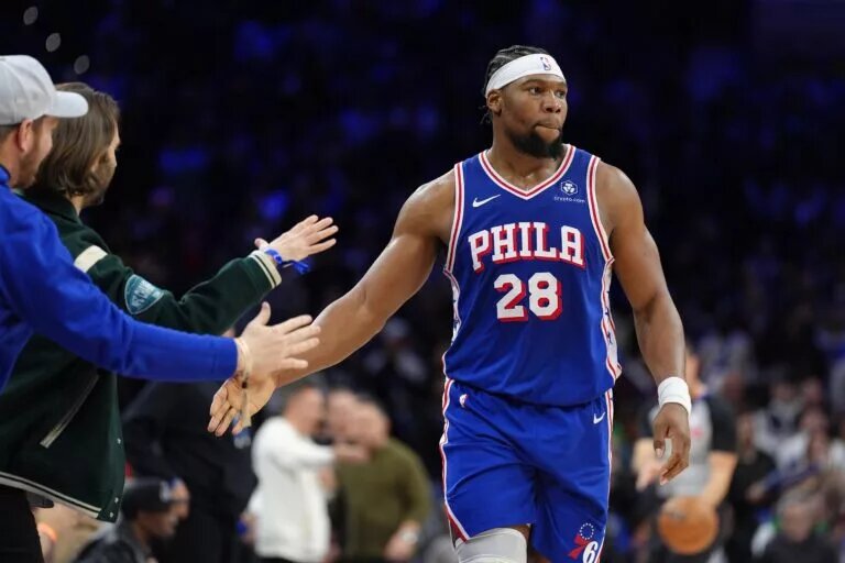 Philadelphia 76ers forward Guerschon Yabusele (28) reacts against the Dallas Mavericks in the fourth quarter at Wells Fargo Center.