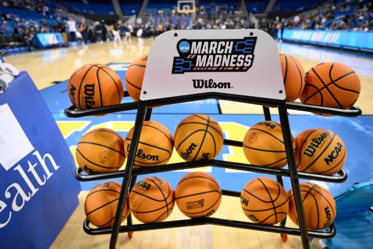 2025 NCAA Tournament: Basketball on a March Madness rack
