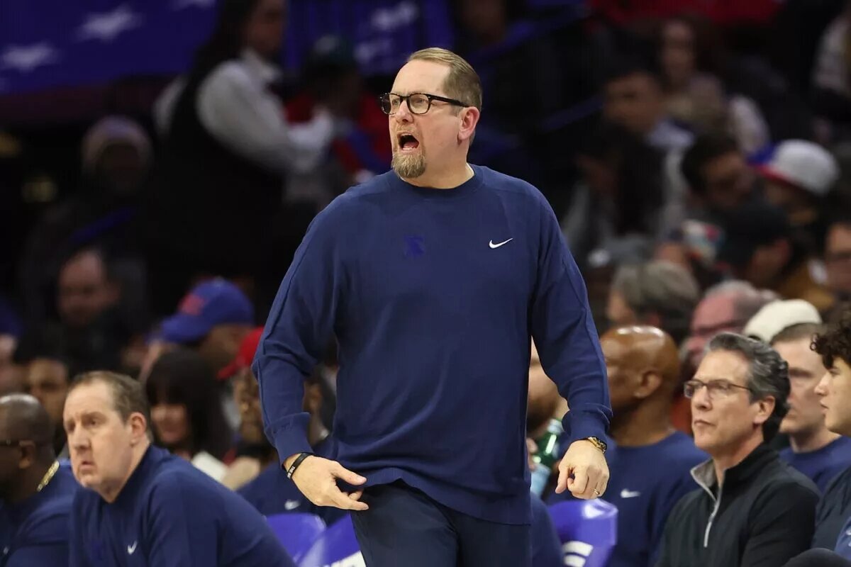 Feb 24, 2025; Philadelphia, Pennsylvania, USA; Philadelphia 76ers head coach Nick Nurse reacts during the third quarter against the Chicago Bulls at Wells Fargo Center. Mandatory Credit: Bill Streicher-Imagn Images Paul George trade