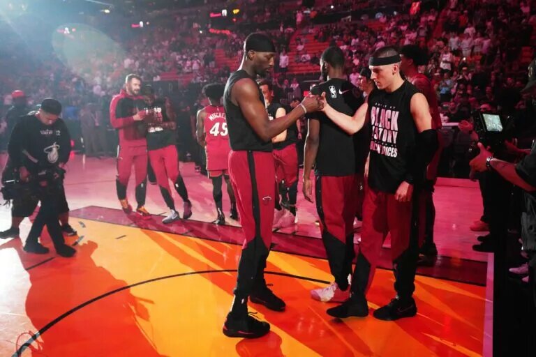 Miami Heat center Bam Adebayo, left, and guard Tyler Herro