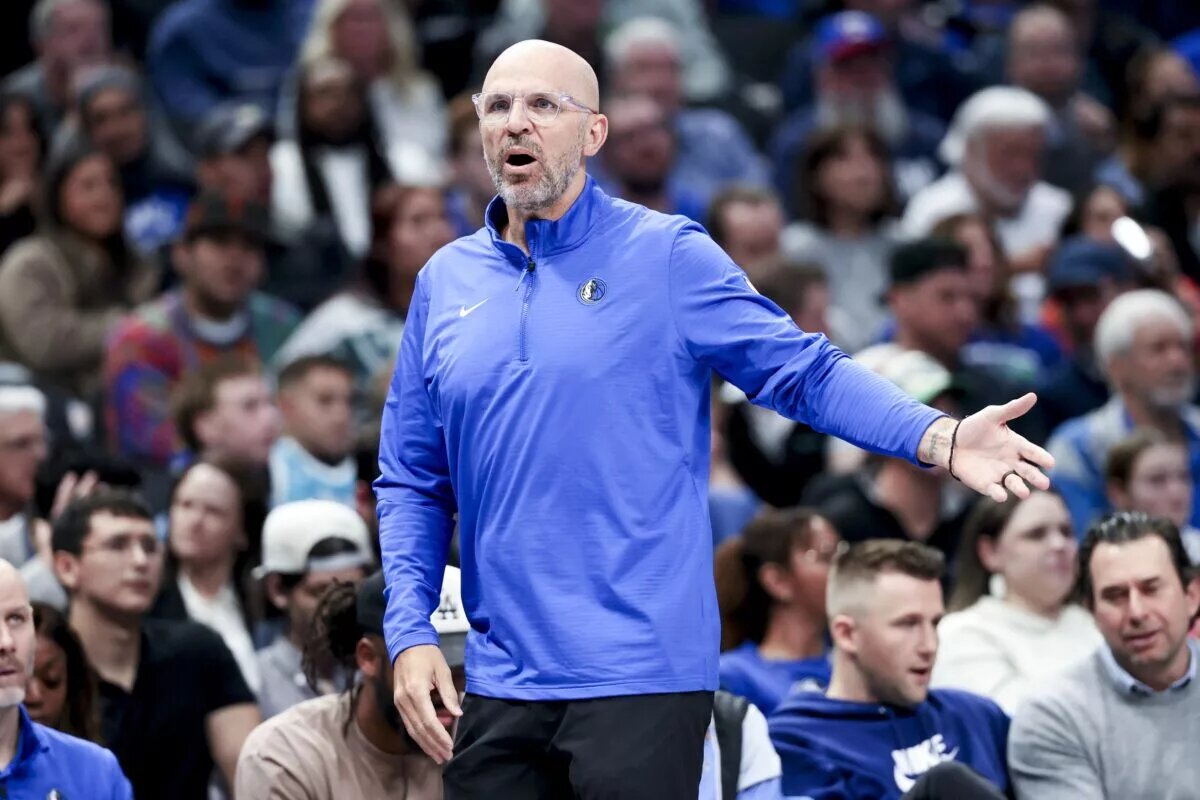 Feb 27, 2025; Dallas, Texas, USA; Dallas Mavericks head coach Jason Kidd reacts during the game against the Charlotte Hornets at American Airlines Center. Mandatory Credit: Kevin Jairaj-Imagn Images