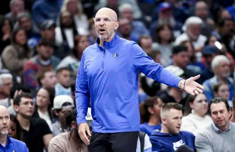 Feb 27, 2025; Dallas, Texas, USA; Dallas Mavericks head coach Jason Kidd reacts during the game against the Charlotte Hornets at American Airlines Center. Mandatory Credit: Kevin Jairaj-Imagn Images