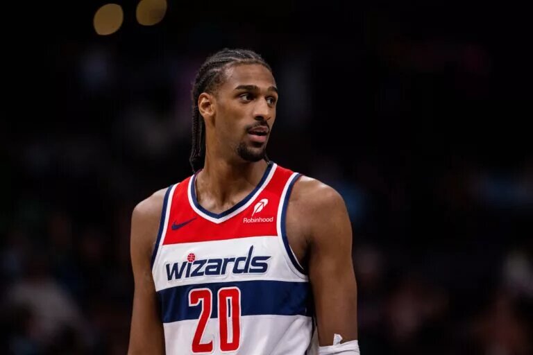 Washington Wizards forward Alex Sarr (20) looks on during the fourth quarter against the Charlotte Hornets at Spectrum Center.