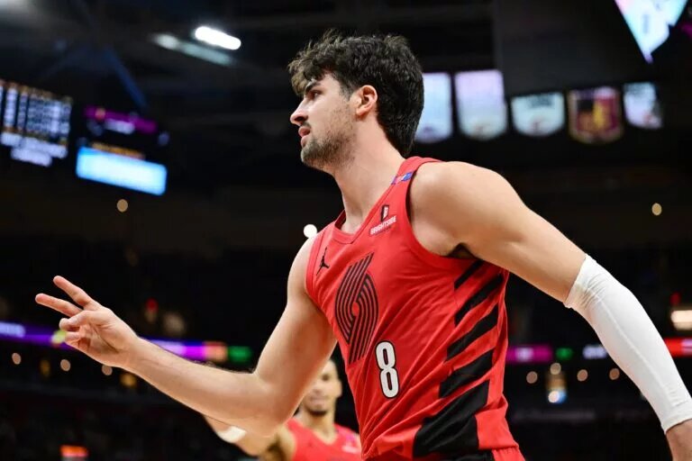 Portland Trail Blazers forward Deni Avdija (8) celebrates during the second half against the Cleveland Cavaliers at Rocket Arena.