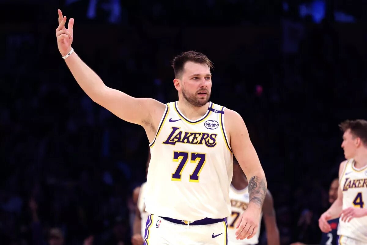 Mar 2, 2025; Los Angeles, California, USA; Los Angeles Lakers guard Luka Doncic (77) reacts to a play during the third quarter against the LA Clippers at Crypto.com Arena.