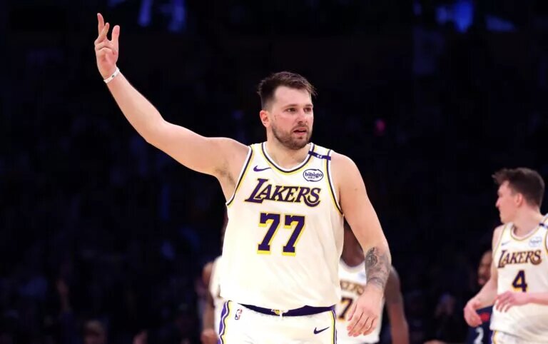 Mar 2, 2025; Los Angeles, California, USA; Los Angeles Lakers guard Luka Doncic (77) reacts to a play during the third quarter against the LA Clippers at Crypto.com Arena.