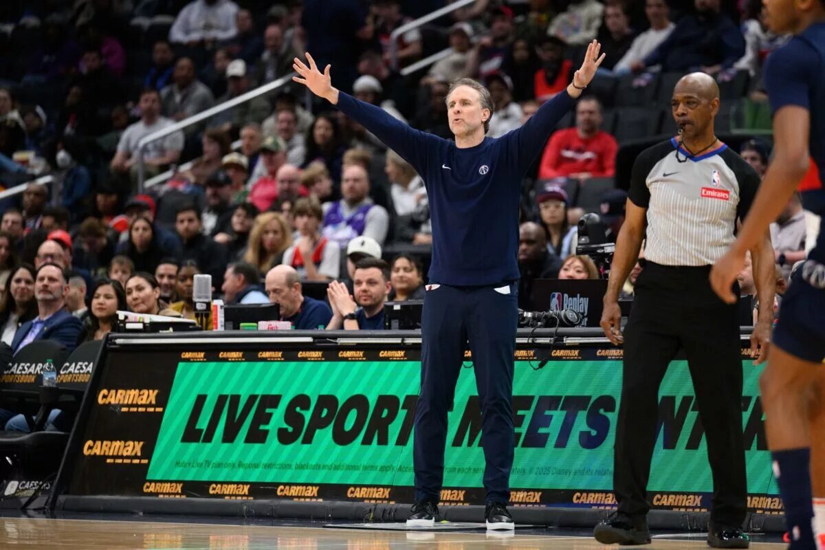 Mar 5, 2025; Washington, District of Columbia, USA; Washington Wizards head coach Brian Keefe reacts during the third quarter against the Utah Jazz at Capital One Arena. Mandatory Credit: Reggie Hildred-Imagn Images Bilal Coulibaly injury