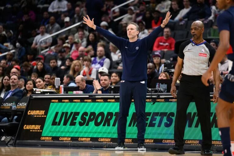 Mar 5, 2025; Washington, District of Columbia, USA; Washington Wizards head coach Brian Keefe reacts during the third quarter against the Utah Jazz at Capital One Arena. Mandatory Credit: Reggie Hildred-Imagn Images Bilal Coulibaly injury
