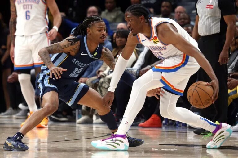 Oklahoma City Thunder forward Jalen Williams (8) dribbles as Memphis Grizzlies guard Ja Morant (12) defends during the fourth quarter at FedExForum.