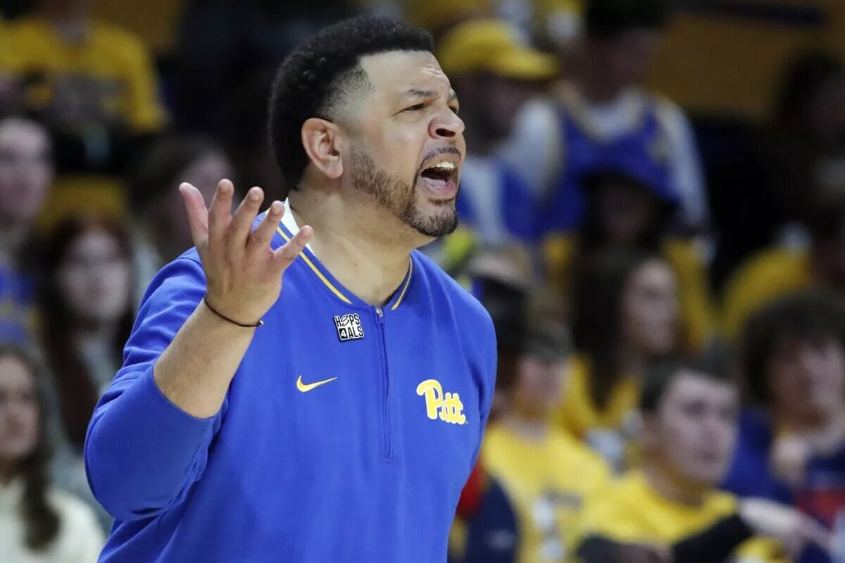 Mar 8, 2025; Pittsburgh, Pennsylvania, USA; Pittsburgh Panthers head coach Jeff Capel reacts on the sidelines against the Boston College Eagles during the second half at the Petersen Events Center. Mandatory Credit: Charles LeClaire-Imagn Images