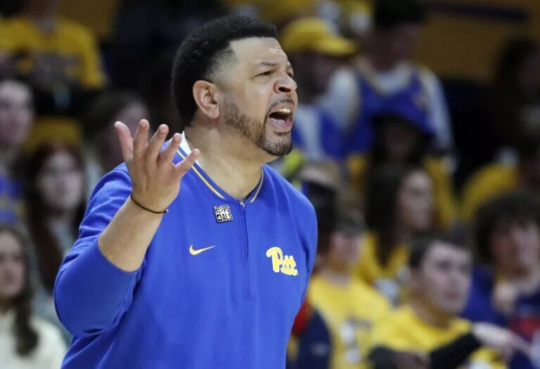 Mar 8, 2025; Pittsburgh, Pennsylvania, USA; Pittsburgh Panthers head coach Jeff Capel reacts on the sidelines against the Boston College Eagles during the second half at the Petersen Events Center. Mandatory Credit: Charles LeClaire-Imagn Images