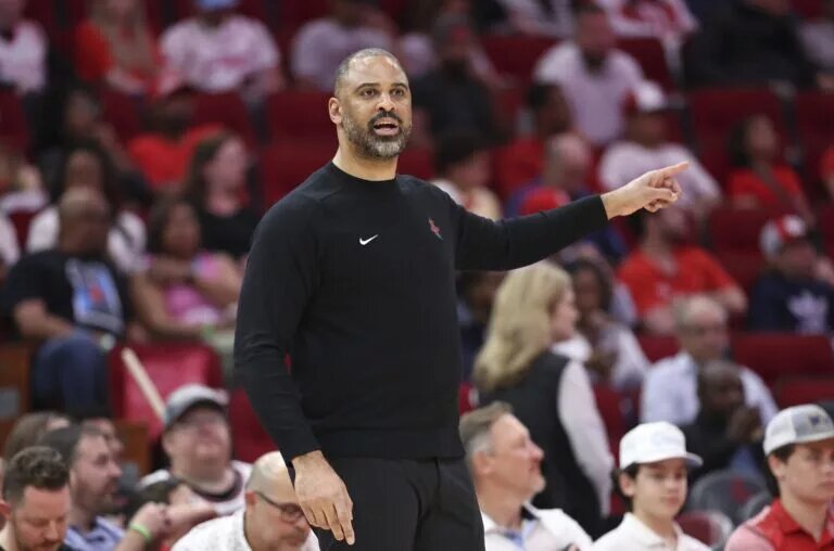 Mar 8, 2025; Houston, Texas, USA; Houston Rockets head coach Ime Udoka reacts during the second quarter against the New Orleans Pelicans at Toyota Center. Mandatory Credit: Troy Taormina-Imagn Images Amen Thompson injury