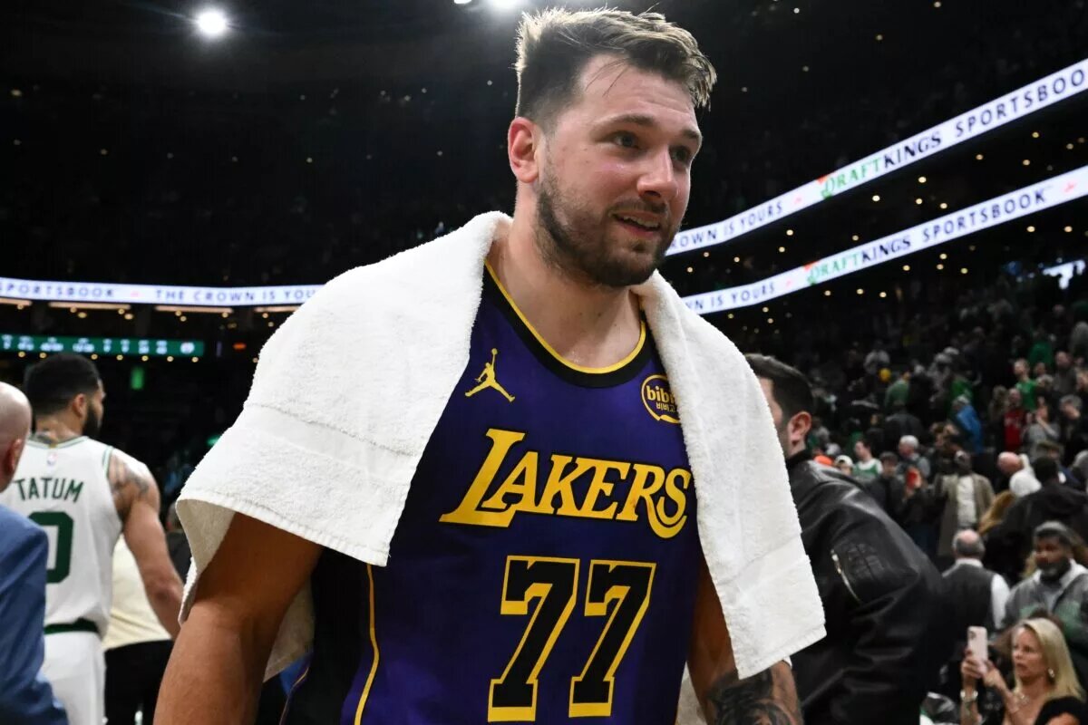 Mar 8, 2025; Boston, Massachusetts, USA; Los Angeles Lakers guard Luka Doncic (77) walks off of the court after a game against the Boston Celtics at the TD Garden. Mandatory Credit: Brian Fluharty-Imagn Images