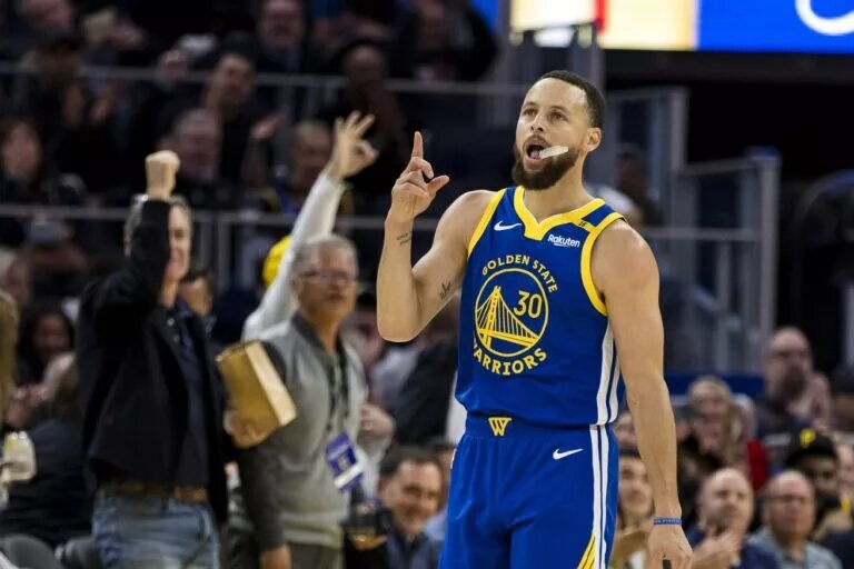 Mar 10, 2025; San Francisco, California, USA; Golden State Warriors guard Stephen Curry (30) reacts after hitting a three-point shot against the Portland Trail Blazers during the third quarter at Chase Center. Mandatory Credit: John Hefti-Imagn Images