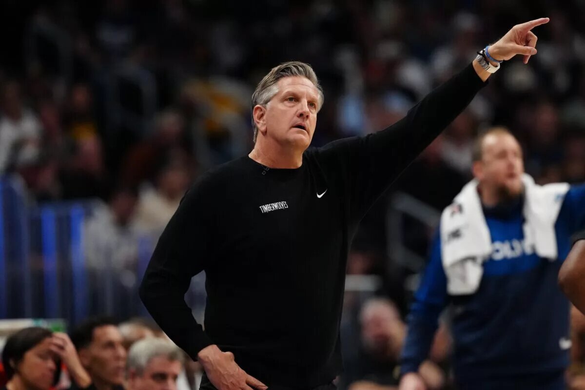Mar 12, 2025; Denver, Colorado, USA; Minnesota Timberwolves head coach Chris Finch during the second quarter against the Minnesota Timberwolves at Ball Arena. Mandatory Credit: Ron Chenoy-Imagn Images