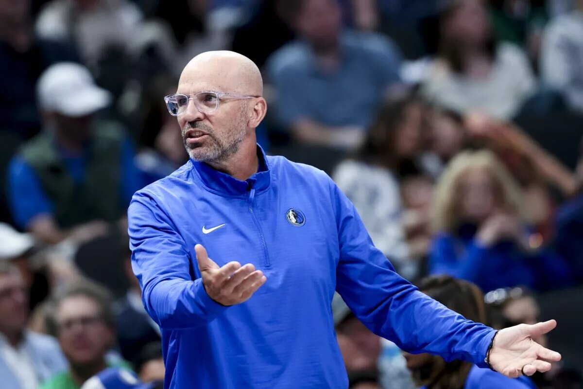 Mar 16, 2025; Dallas, Texas, USA; Dallas Mavericks head coach Jason Kidd reacts against the Philadelphia 76ers during the second half at American Airlines Center. Mandatory Credit: Kevin Jairaj-Imagn Images Anthony Davis injury