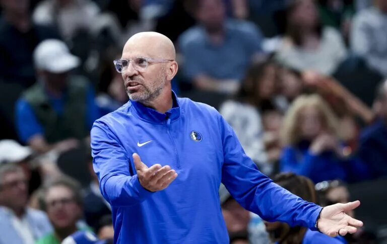 Mar 16, 2025; Dallas, Texas, USA; Dallas Mavericks head coach Jason Kidd reacts against the Philadelphia 76ers during the second half at American Airlines Center. Mandatory Credit: Kevin Jairaj-Imagn Images Anthony Davis injury