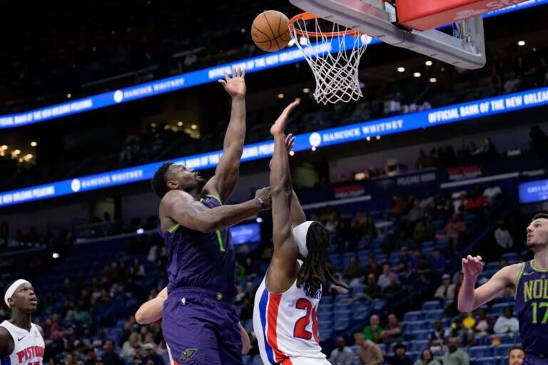 Mar 17, 2025; New Orleans, Louisiana, USA; New Orleans Pelicans forward Zion Williamson (1) shoots against Detroit Pistons center Isaiah Stewart (28) during the second half at Smoothie King Center.