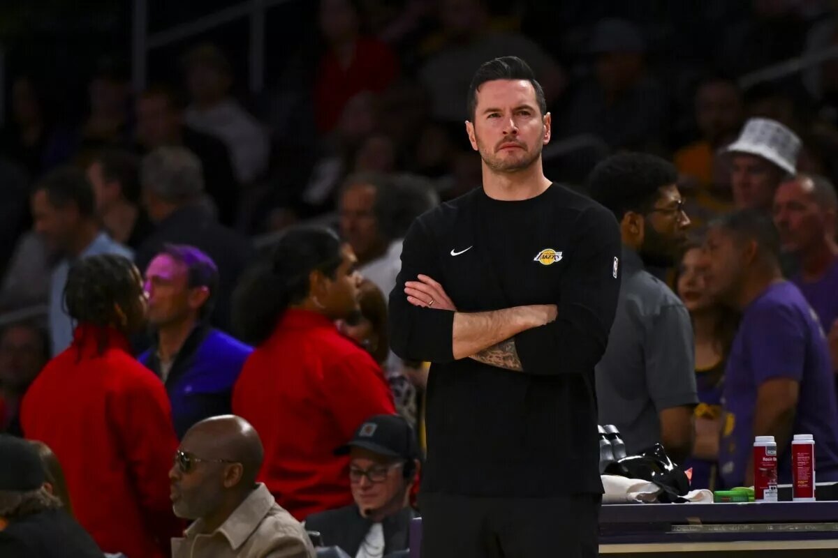 Mar 20, 2025; Los Angeles, California, USA; Los Angeles Lakers head coach JJ Redick on the sidelines against the Los Angeles Lakers during the second half at Crypto.com Arena. Mandatory Credit: Jonathan Hui-Imagn Images