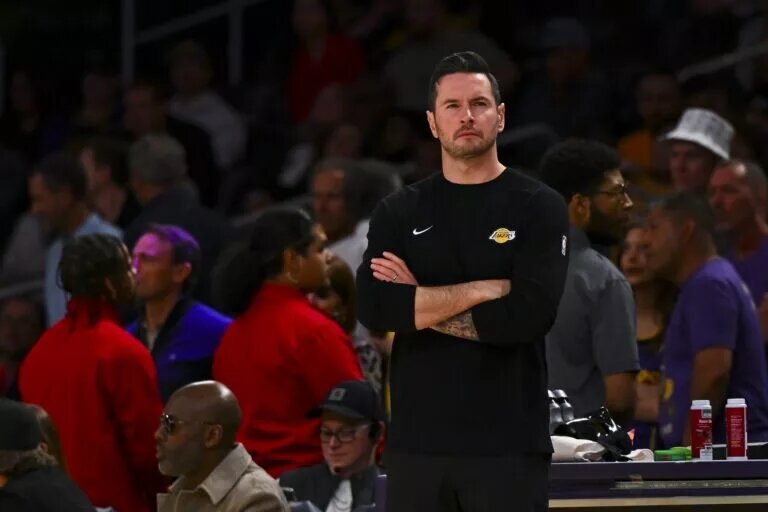 Mar 20, 2025; Los Angeles, California, USA; Los Angeles Lakers head coach JJ Redick on the sidelines against the Los Angeles Lakers during the second half at Crypto.com Arena. Mandatory Credit: Jonathan Hui-Imagn Images