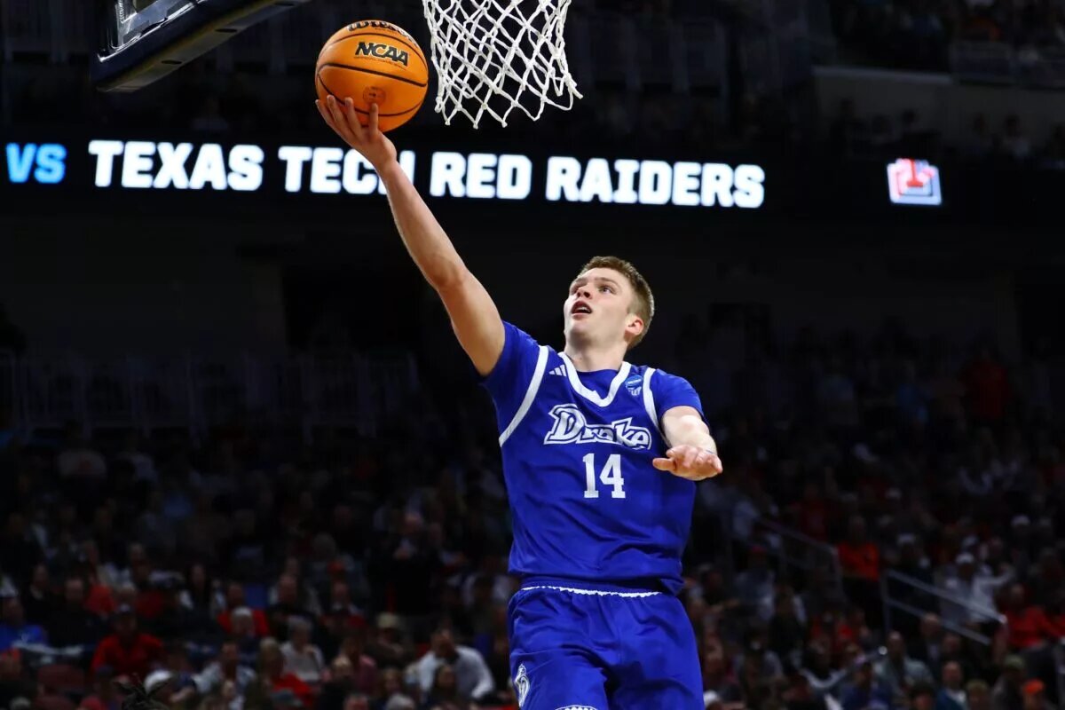 Mar 22, 2025; Wichita, KS, USA; Drake Bulldogs guard Bennett Stirtz (14) shoots the ball against the Texas Tech Red Raiders during the second half at Intrust Bank Arena. Mandatory Credit: Nick Tre. Smith-Imagn Images