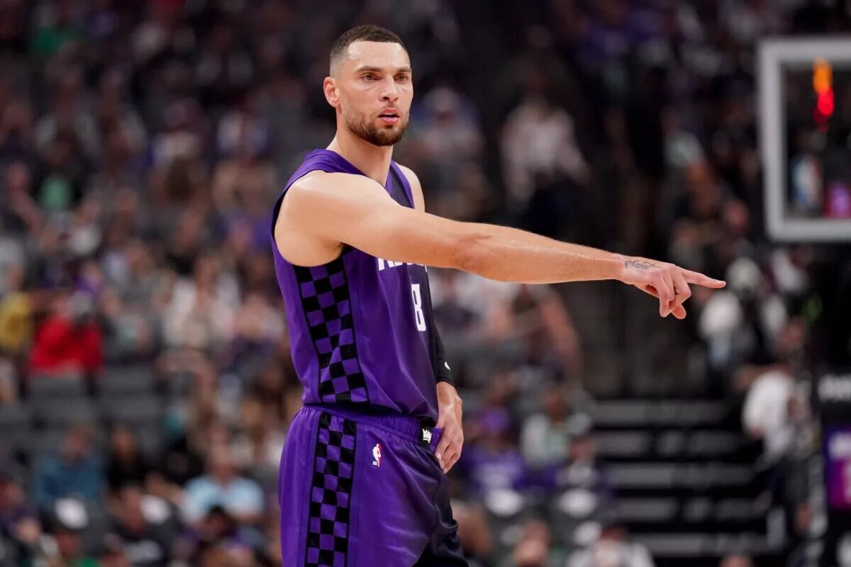 Mar 24, 2025; Sacramento, California, USA; Sacramento Kings guard Zach LaVine (8) stands on the court against the Boston Celtics in the first quarter at the Golden 1 Center. Mandatory Credit: Cary Edmondson-Imagn Images