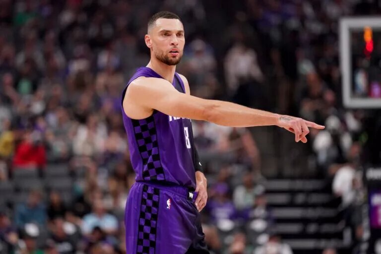 Mar 24, 2025; Sacramento, California, USA; Sacramento Kings guard Zach LaVine (8) stands on the court against the Boston Celtics in the first quarter at the Golden 1 Center. Mandatory Credit: Cary Edmondson-Imagn Images