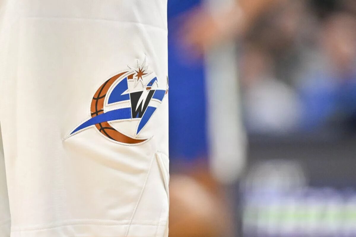 Jan 24, 2023; Dallas, Texas, USA; A view of the Washington Wizards logo during the game between Wizards and the Dallas Mavericks at the American Airlines Center. Mandatory Credit: Jerome Miron-USA TODAY Sports Alex Sarr