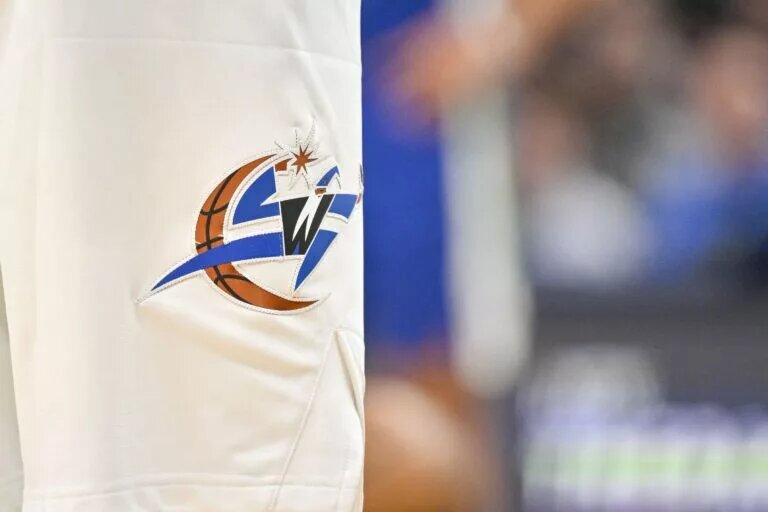 Jan 24, 2023; Dallas, Texas, USA; A view of the Washington Wizards logo during the game between Wizards and the Dallas Mavericks at the American Airlines Center. Mandatory Credit: Jerome Miron-USA TODAY Sports Alex Sarr