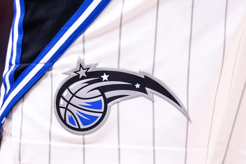 Apr 3, 2024; New Orleans, Louisiana, USA; Detailed view of the Orlando Magic logo against the New Orleans Pelicans during the second half at Smoothie King Center. Mandatory Credit: Stephen Lew-USA TODAY Sports Dwight Howard