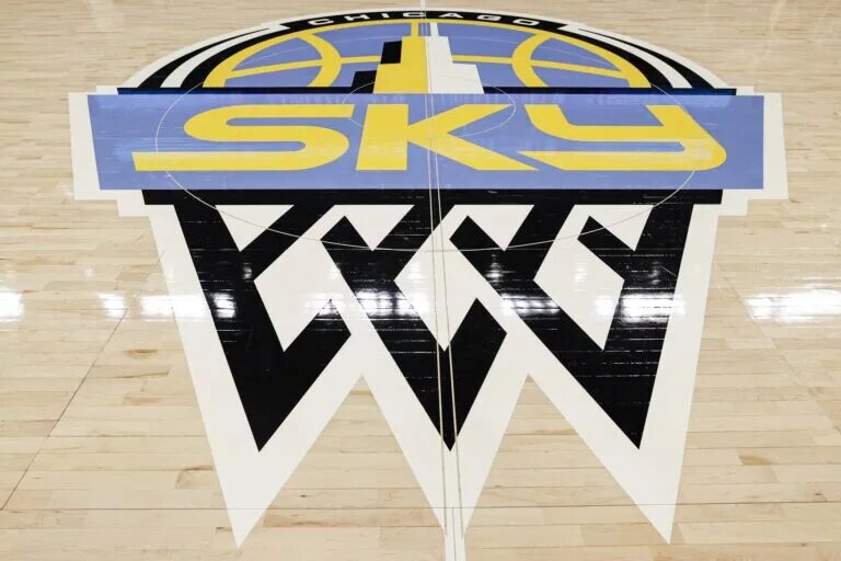 Jun 4, 2024; Chicago, Illinois, USA; Chicago Sky logo is seen center court before a WNBA game between the Chicago Sky and New York Liberty at Wintrust Arena. Mandatory Credit: Kamil Krzaczynski-USA TODAY Sports