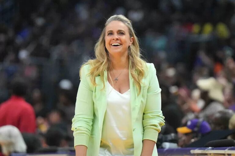 Jul 5, 2024; Los Angeles, California, USA; Las Vegas Aces coach Becky Hammon reacts against the LA Sparks in the second half at Crypto.com Arena. Mandatory Credit: Kirby Lee-USA TODAY Sports