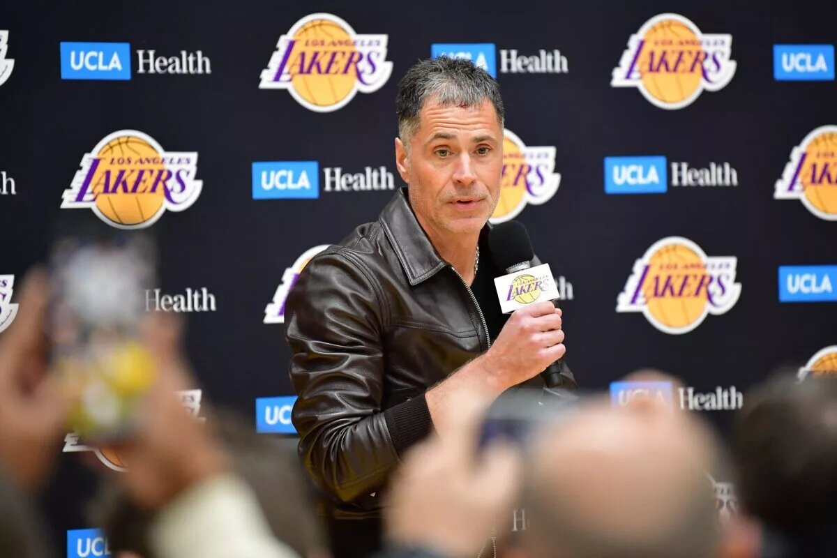 Feb 4, 2025; El Segundo, CA, USA; Los Angeles Lakers vice president of basketball operations and general manager Rob Pelinka speaks before introducing Luka Doncic at UCLA Health Training Center. Mandatory Credit: Gary A. Vasquez-Imagn Images