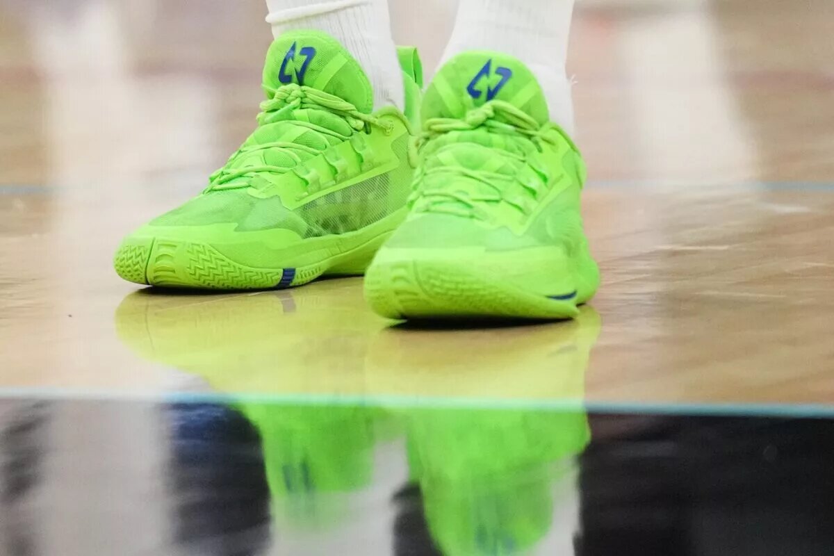 Detailef view of the shoes of Minnesota Timberwolves guard Donte DiVincenzo