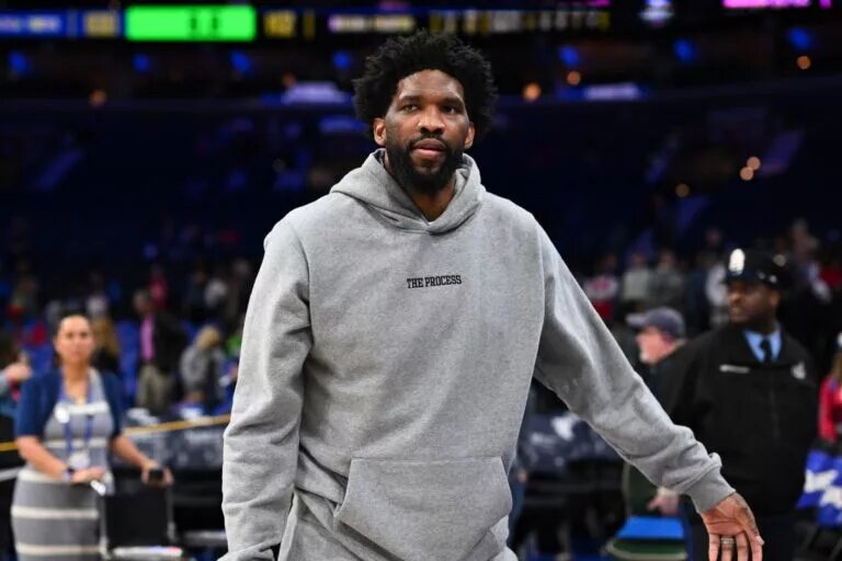 Mar 14, 2025; Philadelphia, Pennsylvania, USA; Philadelphia 76ers center Joel Embiid looks on after the game against the Indiana Pacers at Wells Fargo Center. Mandatory Credit: Kyle Ross-Imagn Images