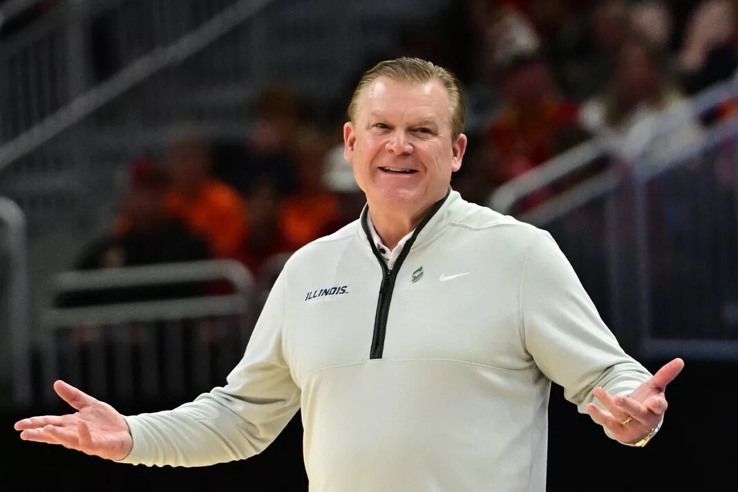 Mar 23, 2025; Milwaukee, WI, USA; Illinois Fighting Illini head coach Brad Underwood reacts during the second half in the second round of the NCAA Tournament against the Kentucky Wildcats at Fiserv Forum. Mandatory Credit: Benny Sieu-Imagn Images