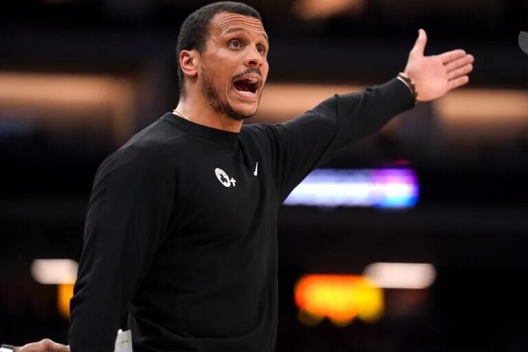 Mar 24, 2025; Sacramento, California, USA; Boston Celtics head coach Joe Mazzulla reacts after the Celtics were called for a technical foul against the Sacramento Kings in the fourth quarter at the Golden 1 Center. Mandatory Credit: Cary Edmondson-Imagn Images Xavier Tillman