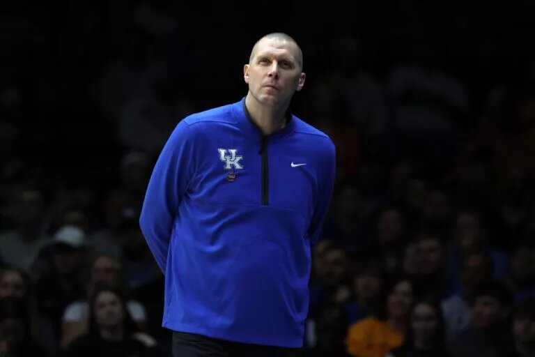 Mar 28, 2025; Indianapolis, IN, USA; Kentucky Wildcats head coach Mark Pope in the first half during a Midwest Regional semifinal of the 2025 NCAA tournament at Lucas Oil Stadium. Mandatory Credit: Trevor Ruszkowski-Imagn Images