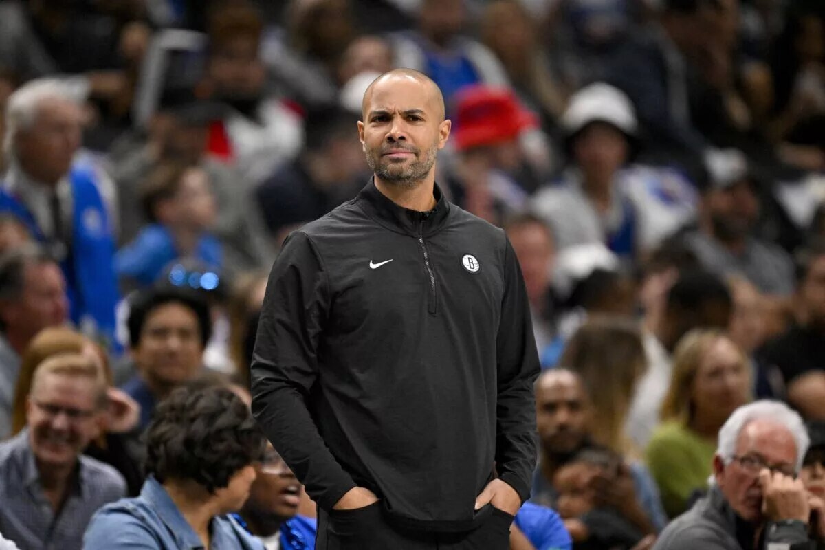 Mar 31, 2025; Dallas, Texas, USA; Brooklyn Nets head coach Jordi Fernandez looks on during the first quarter against the Dallas Mavericks at the American Airlines Center. Mandatory Credit: Jerome Miron-Imagn Images