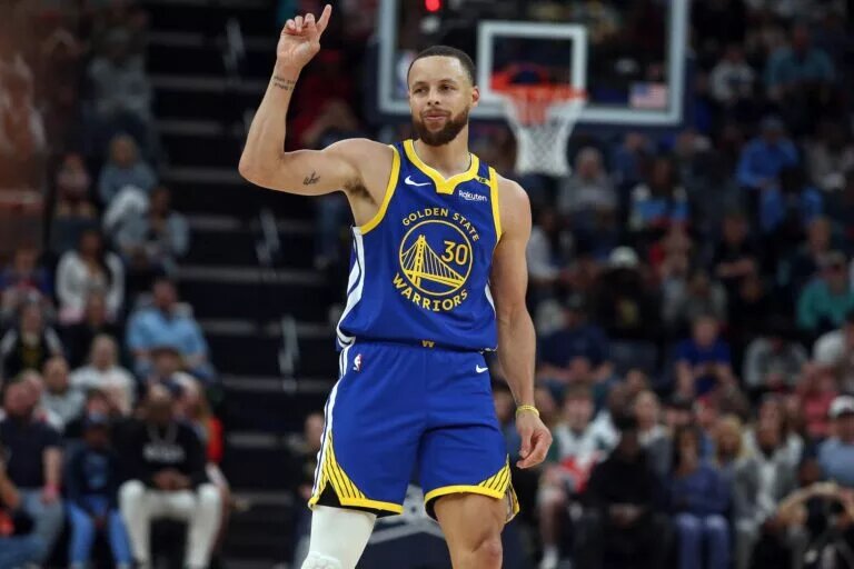 Apr 1, 2025; Memphis, Tennessee, USA; Golden State Warriors guard Stephen Curry (30) reacts during the fourth quarter against the Memphis Grizzlies at FedExForum. Mandatory Credit: Petre Thomas-Imagn Images