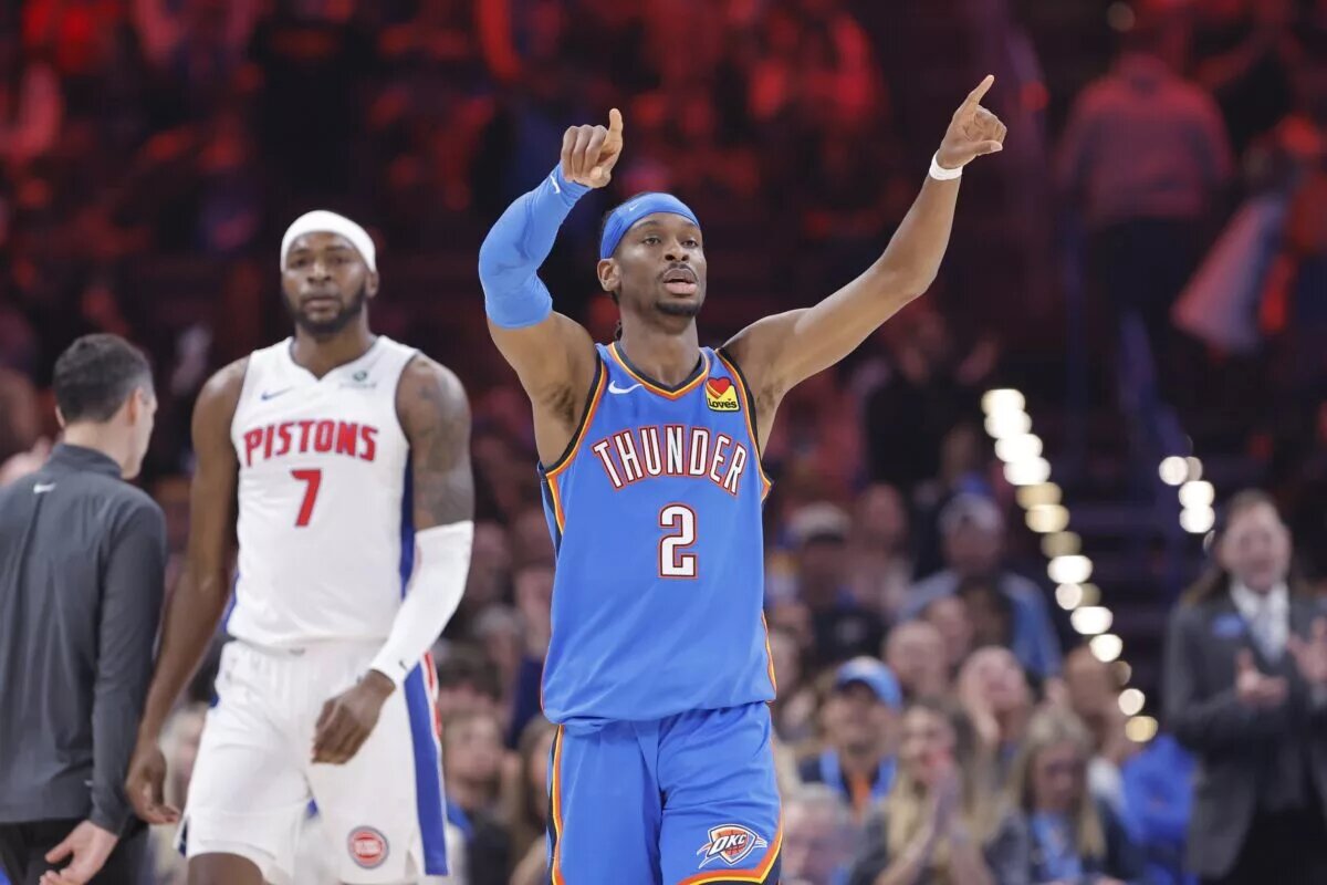 Apr 2, 2025; Oklahoma City, Oklahoma, USA; Oklahoma City Thunder guard Shai Gilgeous-Alexander (2) gestures after scoring against the Detroit Pistons during the first quarter at Paycom Center. Mandatory Credit: Alonzo Adams-Imagn Images