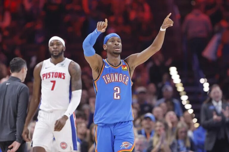 Apr 2, 2025; Oklahoma City, Oklahoma, USA; Oklahoma City Thunder guard Shai Gilgeous-Alexander (2) gestures after scoring against the Detroit Pistons during the first quarter at Paycom Center. Mandatory Credit: Alonzo Adams-Imagn Images
