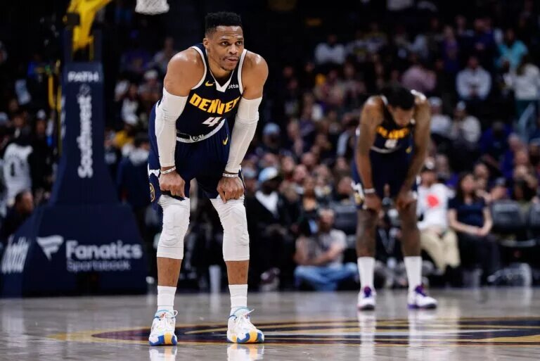 Apr 2, 2025; Denver, Colorado, USA; Denver Nuggets guard Russell Westbrook (4) and center DeAndre Jordan (6) in the fourth quarter against the San Antonio Spurs at Ball Arena. Mandatory Credit: Isaiah J. Downing-Imagn Images