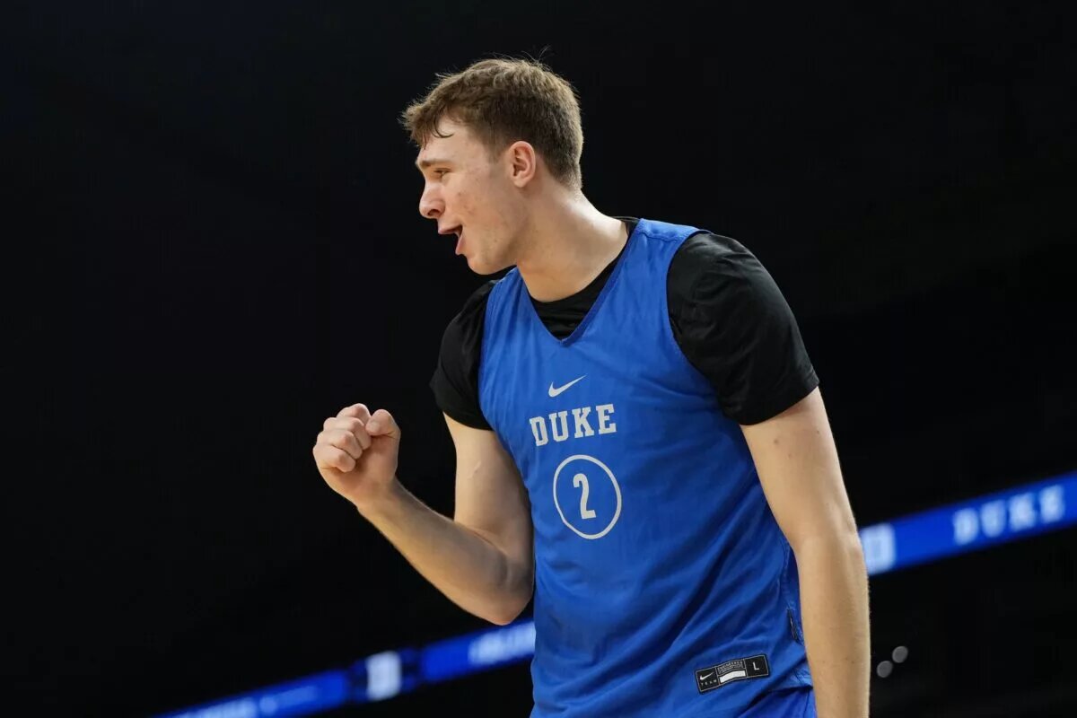 Apr 4, 2025; San Antonio, TX, USA; Duke Blue Devils guard Cooper Flagg (2) during a practice session for the Final Four of the 2025 NCAA tournament at Alamodome. Mandatory Credit: Bob Donnan-Imagn Images