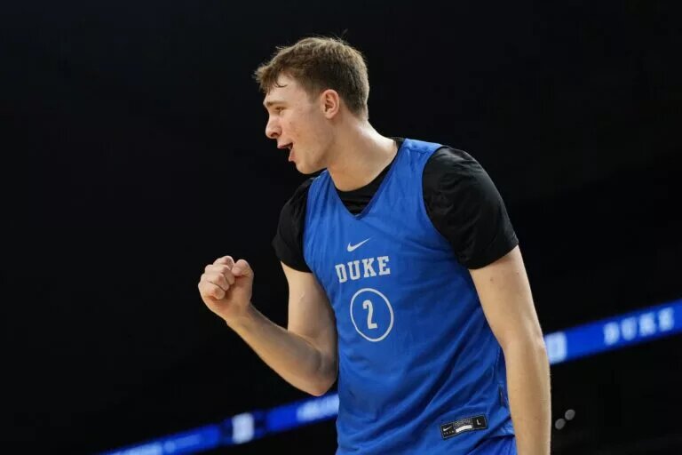 Apr 4, 2025; San Antonio, TX, USA; Duke Blue Devils guard Cooper Flagg (2) during a practice session for the Final Four of the 2025 NCAA tournament at Alamodome. Mandatory Credit: Bob Donnan-Imagn Images