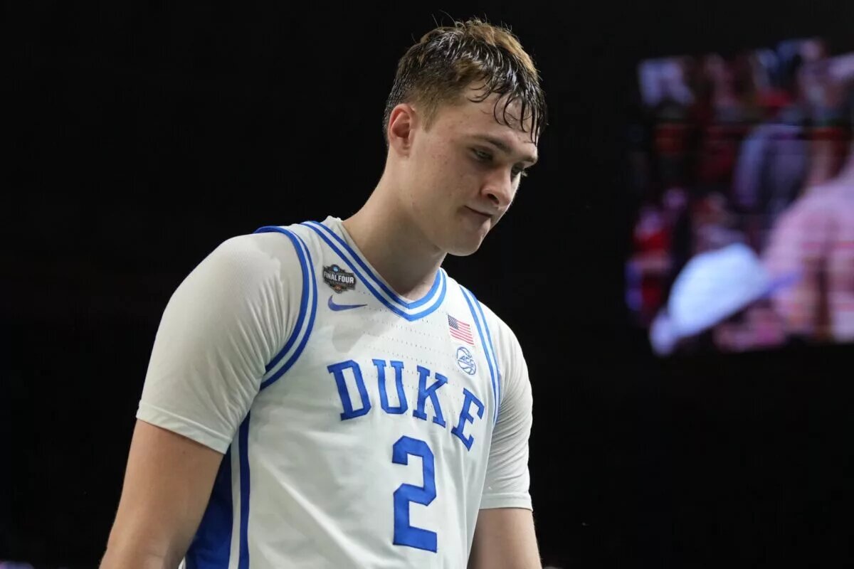 Apr 5, 2025; San Antonio, TX, USA; Duke Blue Devils forward Cooper Flagg (2) walks off the court after losing to the Houston Cougars in the semifinals of the men's Final Four of the 2025 NCAA Tournament at the Alamodome. Mandatory Credit: Robert Deutsch-Imagn Images
