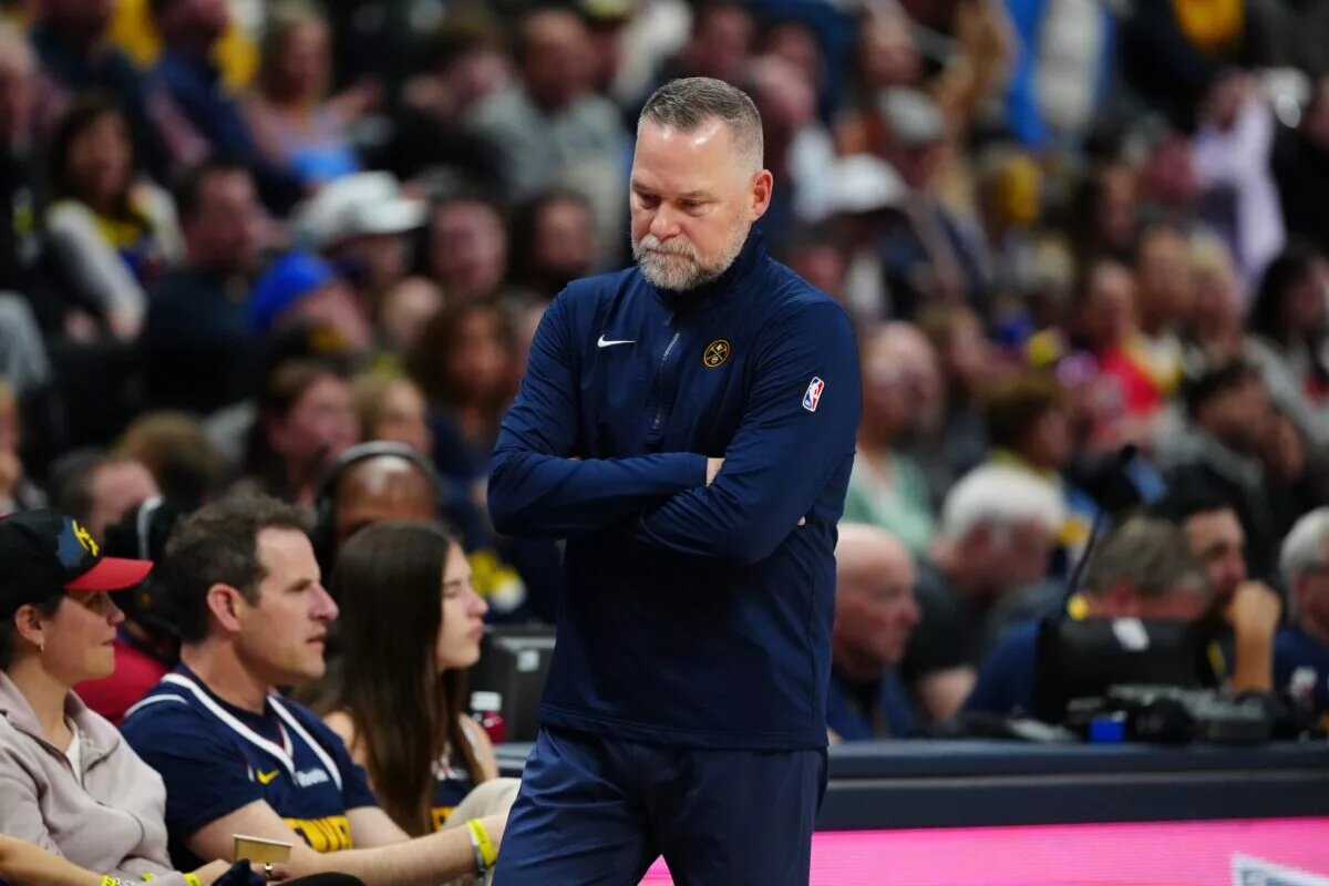Apr 6, 2025; Denver, Colorado, USA; Denver Nuggets head coach Michael Malone during the third quarter against the Indiana Pacers at Ball Arena. Mandatory Credit: Ron Chenoy-Imagn Images