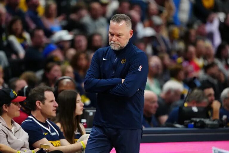 Apr 6, 2025; Denver, Colorado, USA; Denver Nuggets head coach Michael Malone during the third quarter against the Indiana Pacers at Ball Arena. Mandatory Credit: Ron Chenoy-Imagn Images
